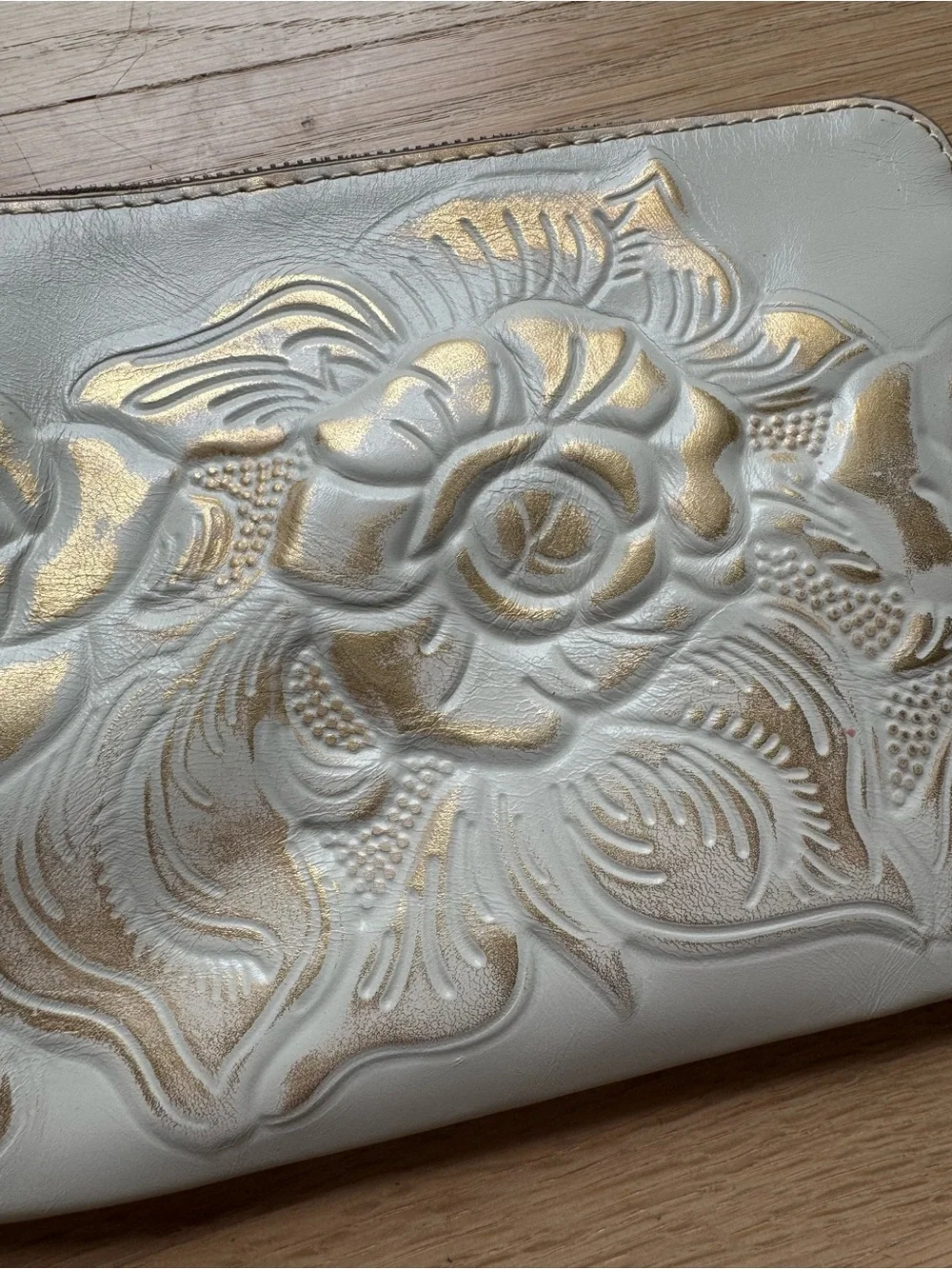 Patricia Nash White Floral Embossed leather Wristlet Clutch with Gold Accents